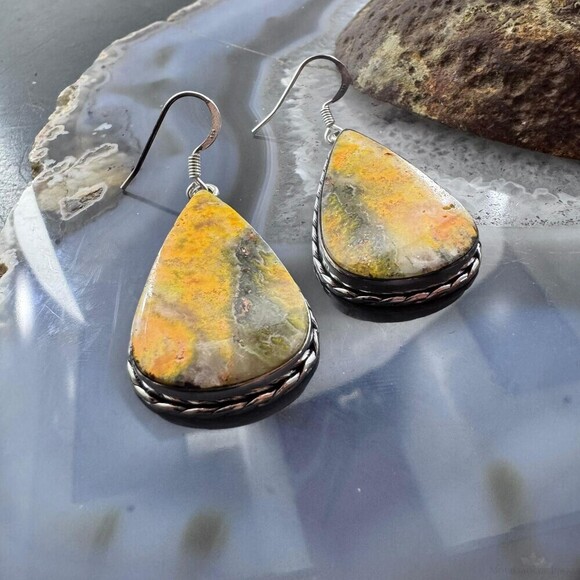 Sterling Silver Southwestern Style Teardrop Eclipse Jasper Dangle Earrings - Picture 4 of 10